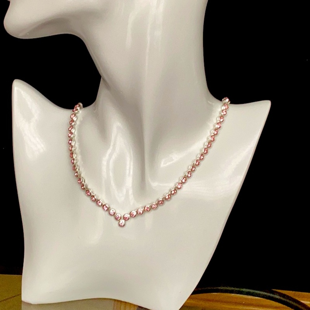Avon Vintage Pink Crystals / Sterling Silver V Necklace